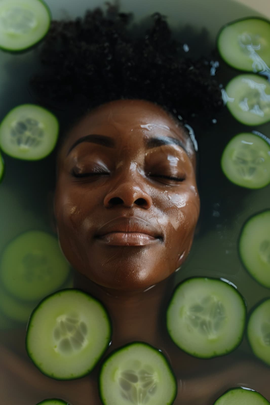 Woman enjoying facial care surrounded by cucumber slices